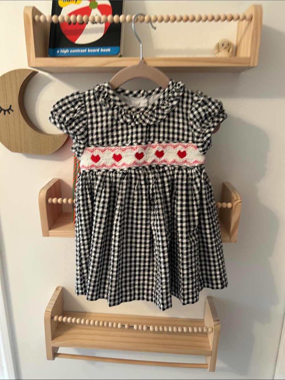 Bonnie Baby Black and White Gingham Dress with Pink Heart Smocking